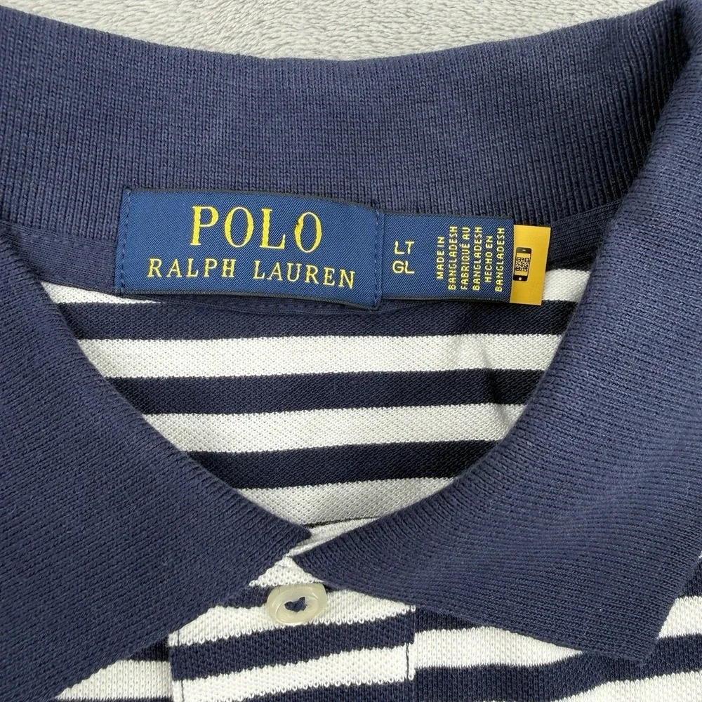 Polo Ralph Lauren Polo Shirt  Mens Size LT Classic Fit White Navy Striped Mesh